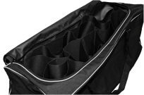 A black duffel bag, open to reveal multiple interior compartments, sits on a plain background.