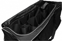 A black duffel bag, open to reveal multiple interior compartments, sits on a plain background.