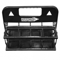 A black, foldable beverage carrier has two tiers of compartments and displays "DIAMOND FOOTBALL COMPANY" on its handle.
