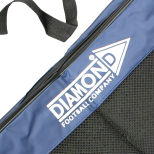 A blue nylon bag with a zipper and a shoulder strap displays "DIAMOND FOOTBALL COMPANY" in white lettering.