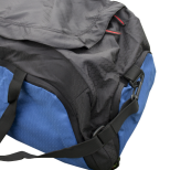 A blue and black duffel bag sits, angled, against a white background.
