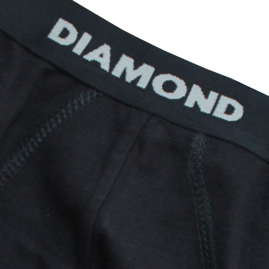 A black pair of underwear with the word "DIAMOND" printed on the waistband.